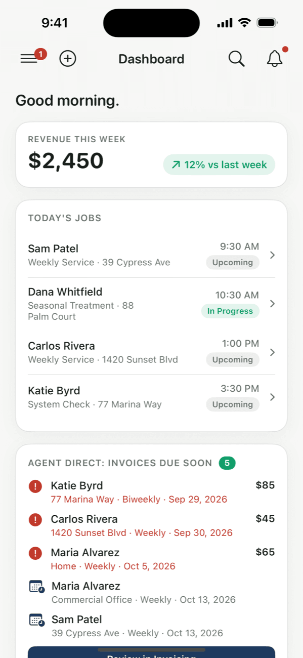 The DirectOS Dashboard: today's jobs and invoices coming due